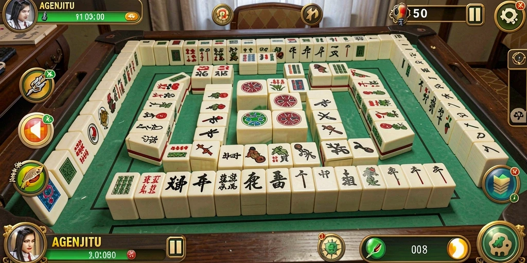 Tampilan gameplay menarik dari AGENJITU dengan ubin Mahjong berwarna-warni.