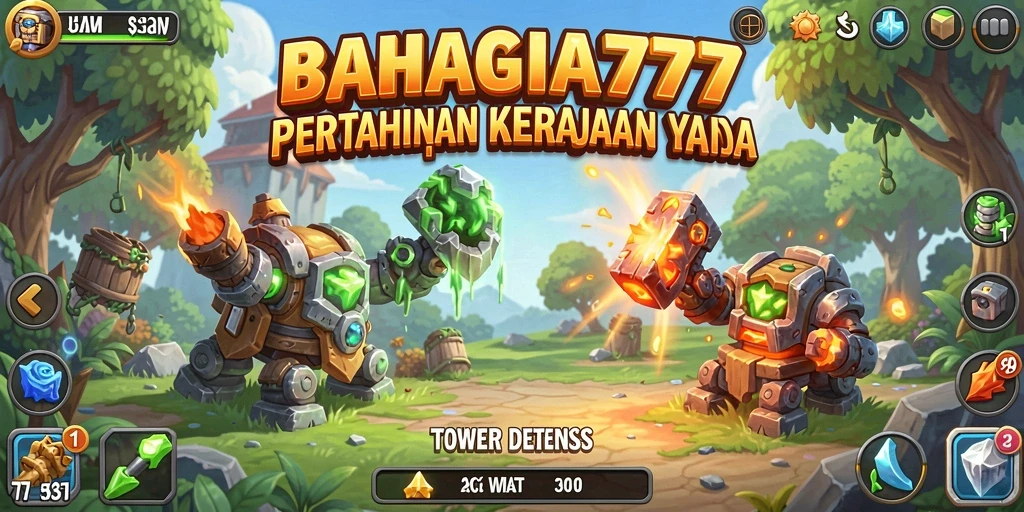 Tangkapan layar gameplay BAHAGIA777 menunjukkan pertarungan menara menghadapi gelombang musuh.