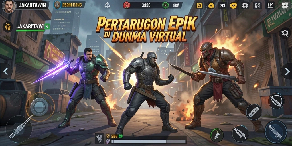 Tampilan gameplay JAKARTAWIN dengan pertarungan seru.