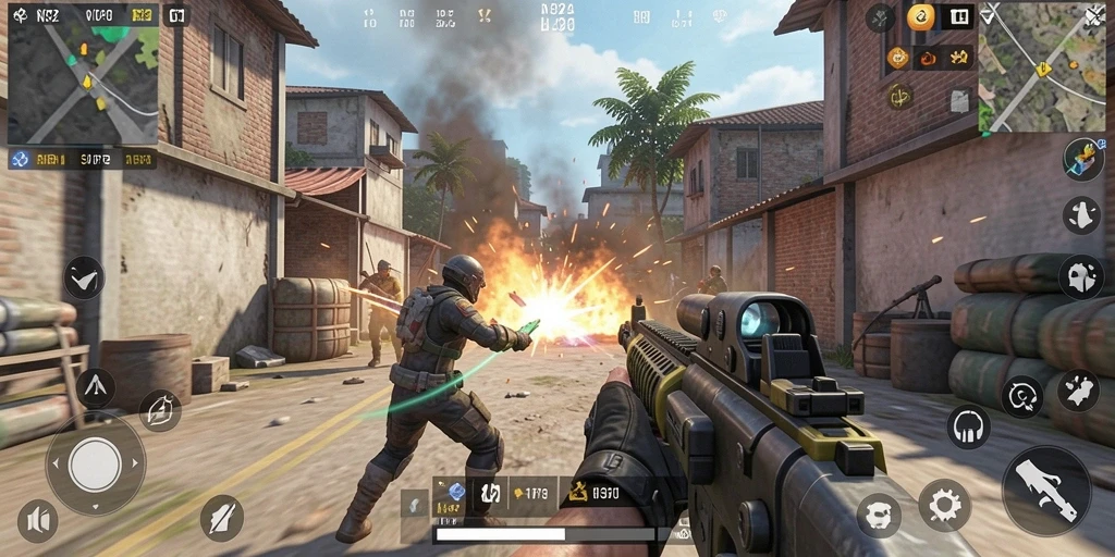 Tampilan intens gameplay TPS N32 dengan berbagai karakter dan senjata.