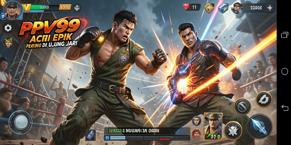 Tampilkan aksi seru dalam PPV99 saat karakter berjuang di arena.