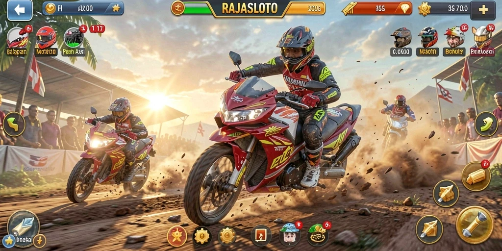 Tangkapan layar gameplay RAJASLOTO yang menunjukkan aksi balapan motor.