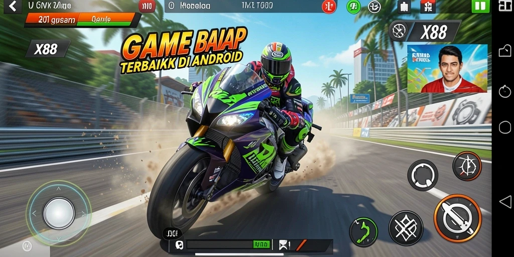 Screenshot gameplay X88 yang menampilkan balapan motor di trek menantang.